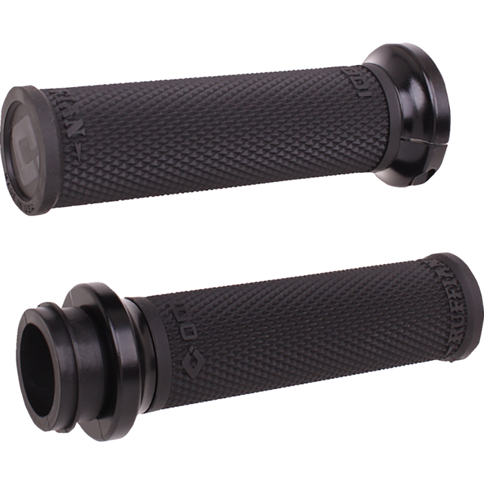 A selection of ODI Ruffian Lock-On Grips For Harley-Davidson First Generation Throttle-By-Wire, offered in a variety of colors and finishes and neatly arranged in rows, with bold "FIRST GEN TBW" text on the right—perfect for Harley-Davidson Throttle-By-Wire models.