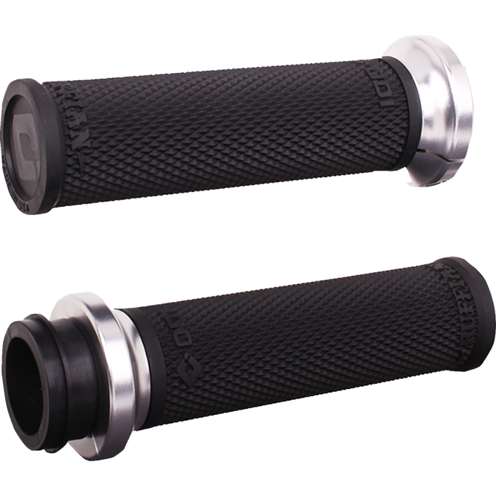 A selection of ODI Ruffian Lock-On Grips For Harley-Davidson First Generation Throttle-By-Wire, offered in a variety of colors and finishes and neatly arranged in rows, with bold "FIRST GEN TBW" text on the right—perfect for Harley-Davidson Throttle-By-Wire models.