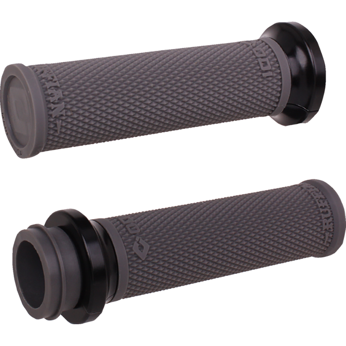 A selection of ODI Ruffian Lock-On Grips For Harley-Davidson First Generation Throttle-By-Wire, offered in a variety of colors and finishes and neatly arranged in rows, with bold "FIRST GEN TBW" text on the right—perfect for Harley-Davidson Throttle-By-Wire models.