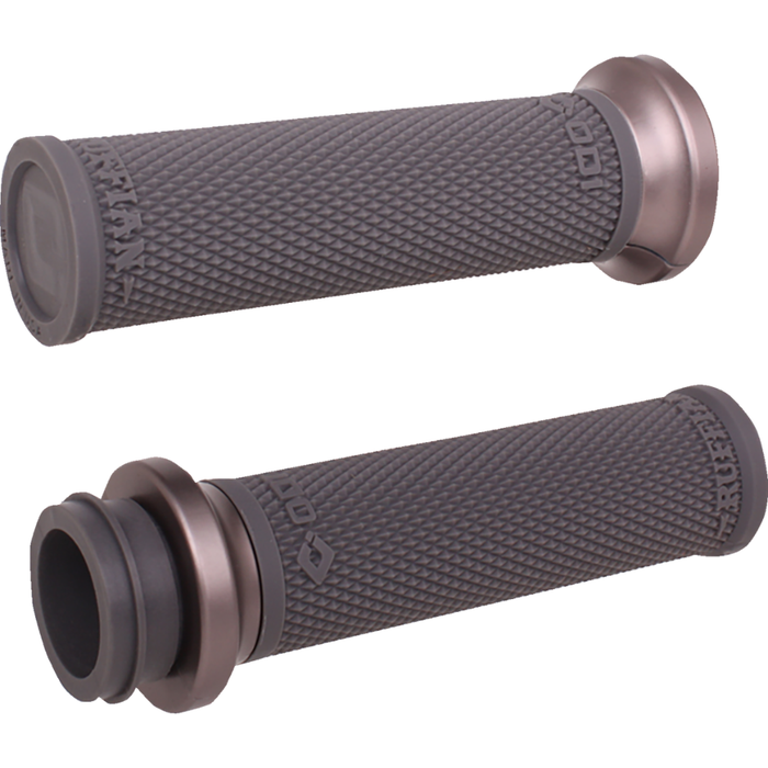 A selection of ODI Ruffian Lock-On Grips For Harley-Davidson First Generation Throttle-By-Wire, offered in a variety of colors and finishes and neatly arranged in rows, with bold "FIRST GEN TBW" text on the right—perfect for Harley-Davidson Throttle-By-Wire models.
