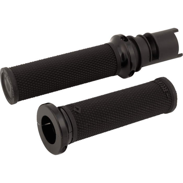 A black cylindrical tube with a flange sits on a white background—the Moto Iron® Throttle Tube for First Generation Harley-Davidson TBW, ideal for Gen 1 models or use with slide-on grips.