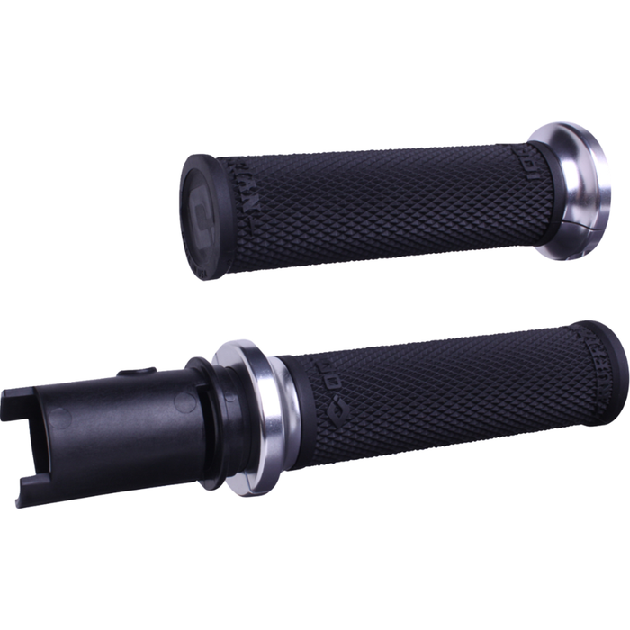 A black cylindrical tube with a flange sits on a white background—the Moto Iron® Throttle Tube for First Generation Harley-Davidson TBW, ideal for Gen 1 models or use with slide-on grips.
