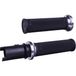 A black cylindrical tube with a flange sits on a white background—the Moto Iron® Throttle Tube for First Generation Harley-Davidson TBW, ideal for Gen 1 models or use with slide-on grips.