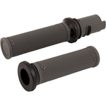 A black cylindrical tube with a flange sits on a white background—the Moto Iron® Throttle Tube for First Generation Harley-Davidson TBW, ideal for Gen 1 models or use with slide-on grips.