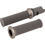 A black cylindrical tube with a flange sits on a white background—the Moto Iron® Throttle Tube for First Generation Harley-Davidson TBW, ideal for Gen 1 models or use with slide-on grips.