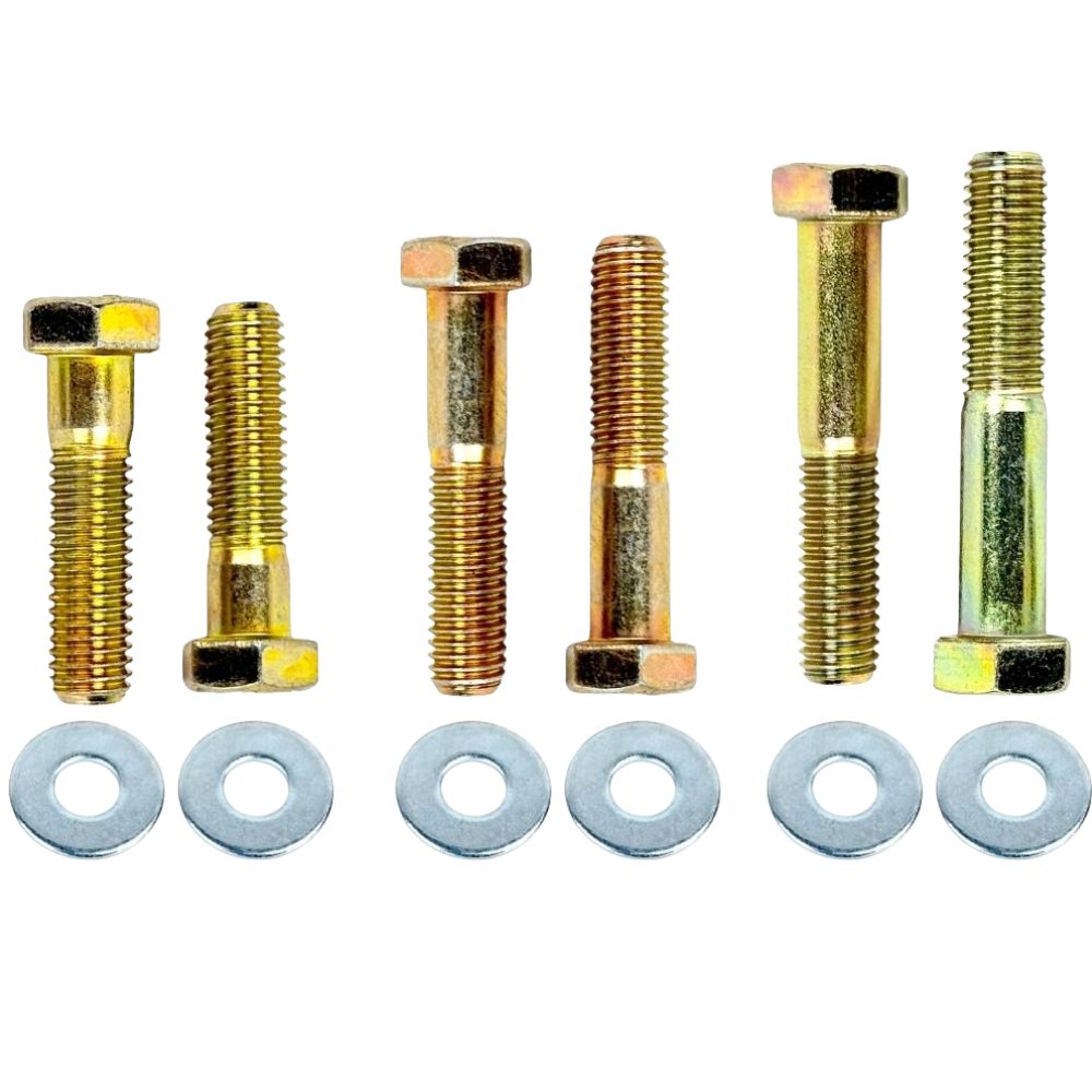 The TC Bros. Handlebar Riser Bolt Kit for Harley-Davidson features two gold hex bolts with partially threaded shafts and two flat washers, displayed on a white background. Brand: TC Bros.