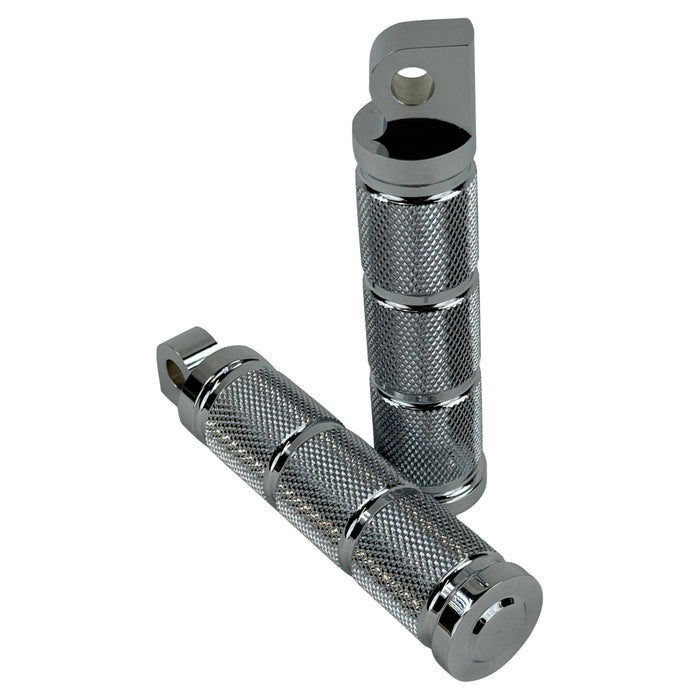 A pair of Moto Iron® Knurled Billet Footpegs for Harley-Davidson—chrome, with a textured, cylindrical design, are shown on a plain white background.