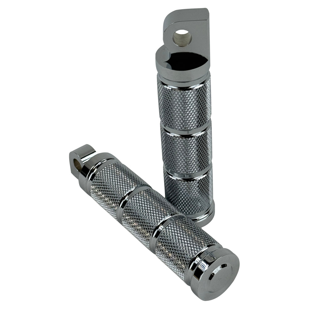 A pair of Moto Iron® Knurled Billet Footpegs for Harley-Davidson—chrome, with a textured, cylindrical design, are shown on a plain white background.