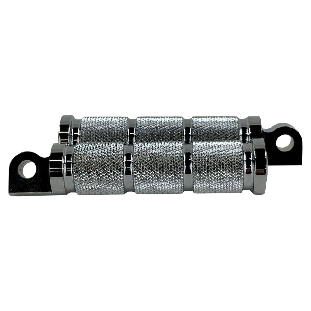 A pair of Moto Iron® Knurled Billet Footpegs for Harley-Davidson—chrome, with a textured, cylindrical design, are shown on a plain white background.
