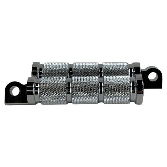 A pair of Moto Iron® Knurled Billet Footpegs for Harley-Davidson—chrome, with a textured, cylindrical design, are shown on a plain white background.