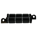 A pair of Moto Iron® Knurled Billet Footpegs for Harley-Davidson—Black, featuring textured grip and silver rings, are displayed on a white background. Durable and stylish upgrade by Moto Iron® for your Harley.
