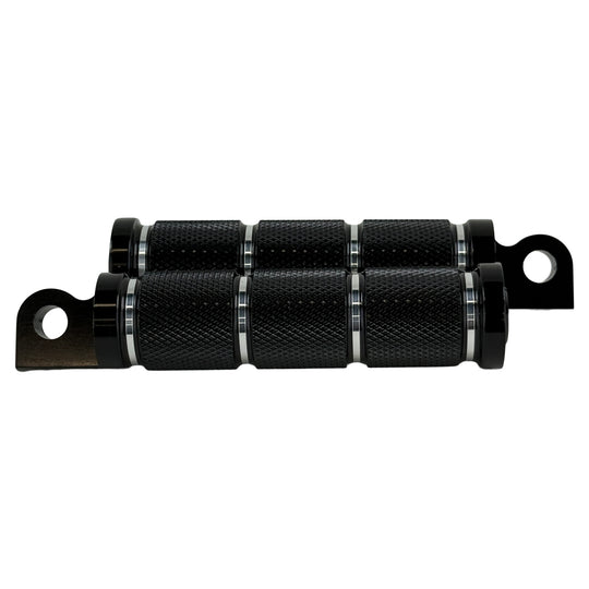 A pair of Moto Iron® Knurled Billet Footpegs for Harley-Davidson—Black, featuring textured grip and silver rings, are displayed on a white background. Durable and stylish upgrade by Moto Iron® for your Harley.