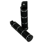 A pair of Moto Iron® Knurled Billet Footpegs for Harley-Davidson—Black, featuring textured grip and silver rings, are displayed on a white background. Durable and stylish upgrade by Moto Iron® for your Harley.