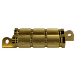 Two Moto Iron® Knurled Billet Footpegs for Harley-Davidson—Gold, shown upright and flat on a white background. Made from billet aluminum with textured grips and mounting holes—ideal genuine-style footpegs.