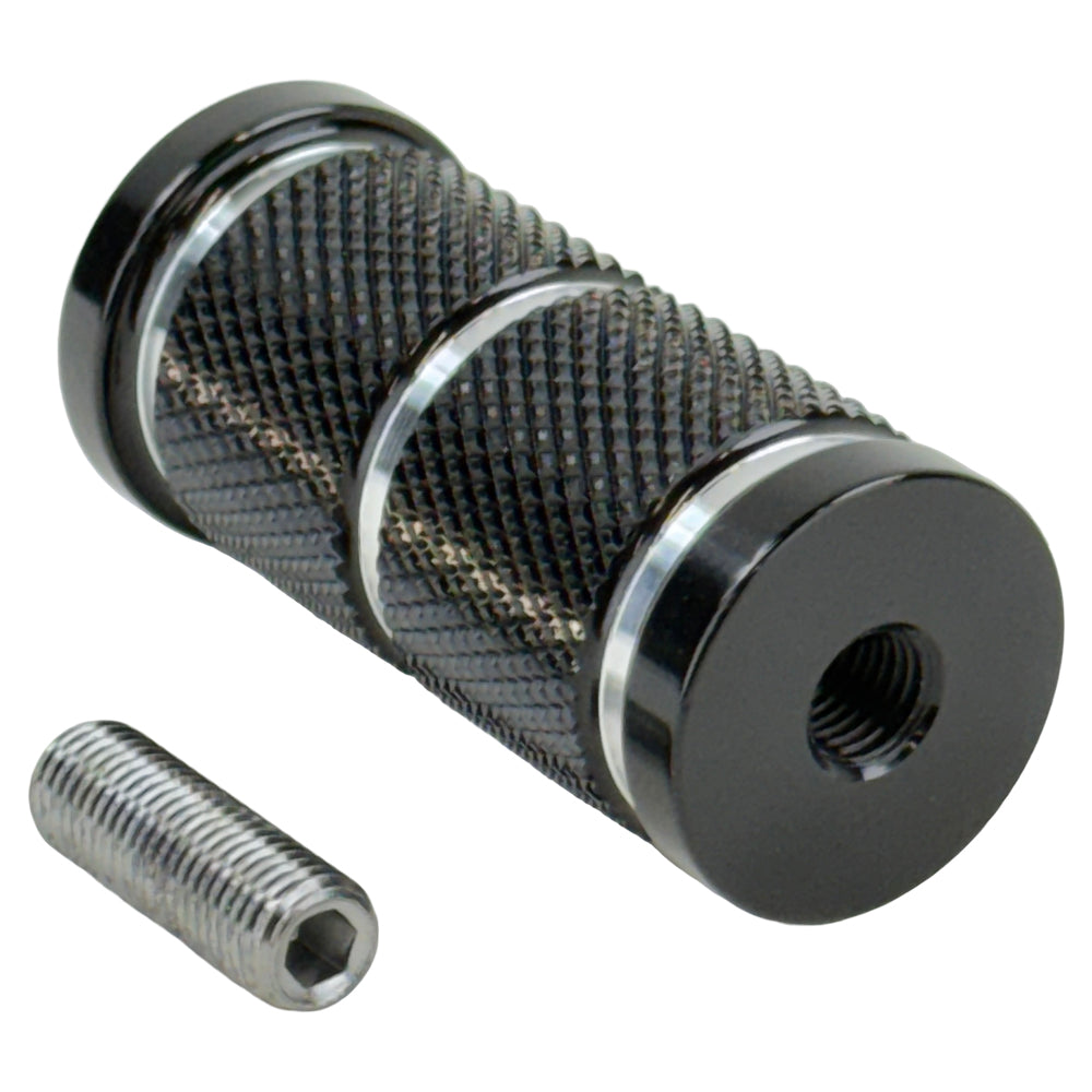 The Moto Iron® Knurled Billet Shift/Brake Peg for Harley-Davidson features a cylindrical, textured grip with smooth, polished ends in black for superior traction and style.