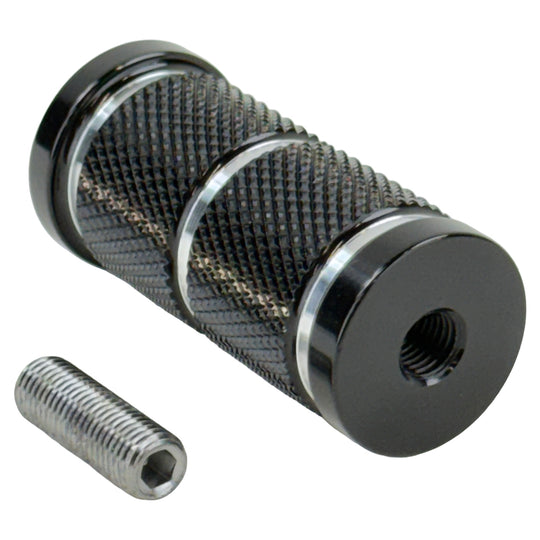 The Moto Iron® Knurled Billet Shift/Brake Peg for Harley-Davidson features a cylindrical, textured grip with smooth, polished ends in black for superior traction and style.