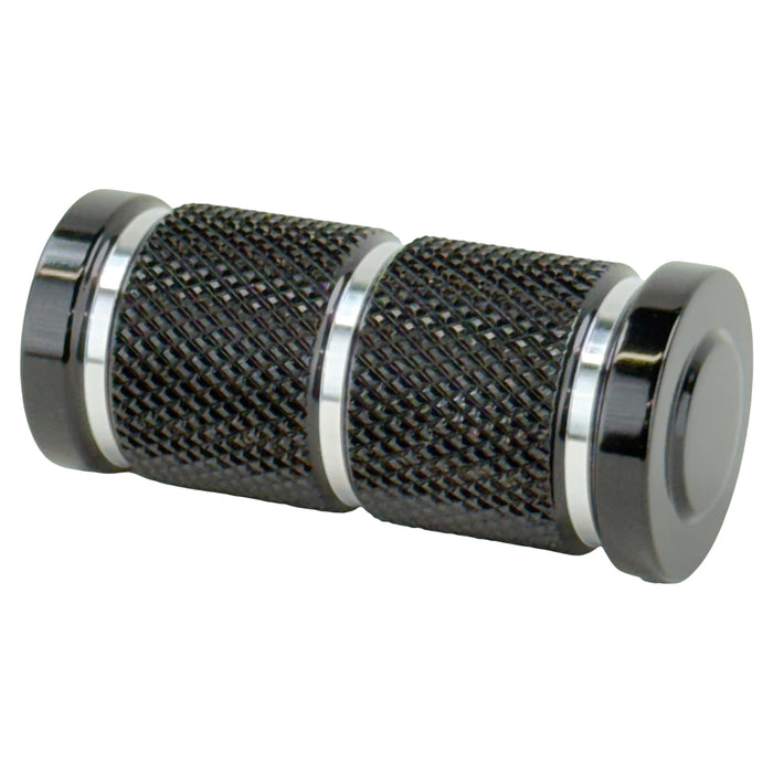 The Moto Iron® Knurled Billet Shift/Brake Peg for Harley-Davidson features a cylindrical, textured grip with smooth, polished ends in black for superior traction and style.