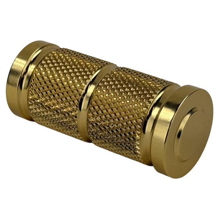 The Moto Iron® Knurled Billet Shift/Brake Peg for Harley-Davidson in gold features a cylindrical, aluminum design with knurled grip and smooth ends—perfect as a custom brake peg for your bike.