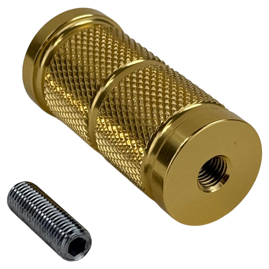 The Moto Iron® Knurled Billet Shift/Brake Peg for Harley-Davidson in gold features a cylindrical, aluminum design with knurled grip and smooth ends—perfect as a custom brake peg for your bike.
