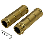 Three sets of Moto Iron® Knurled Billet Grips for Harley-Davidson Cable Throttle, in silver, black, and gold, each arranged in a T-shape on a white background and reminiscent of cylindrical metal bike pegs.
