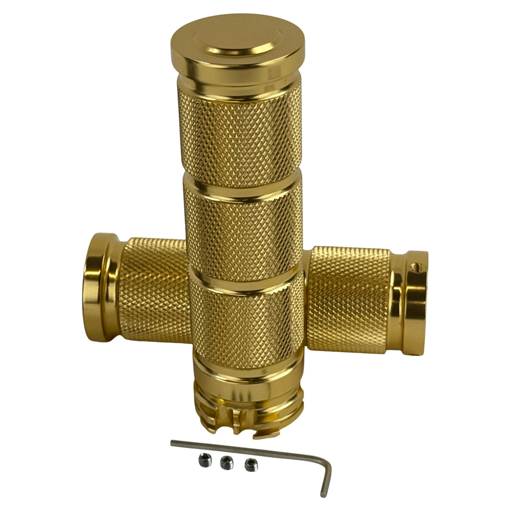 Three Moto Iron® Knurled Billet Grips for Harley-Davidson in silver, black, and gold are shown upright against a white background.