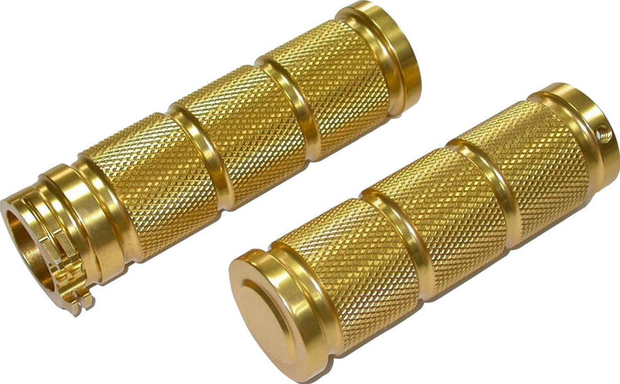 Five pairs of Moto Iron® Knurled Billet Grips for Harley-Davidson, in gold, silver, and black, are arranged on a white background.