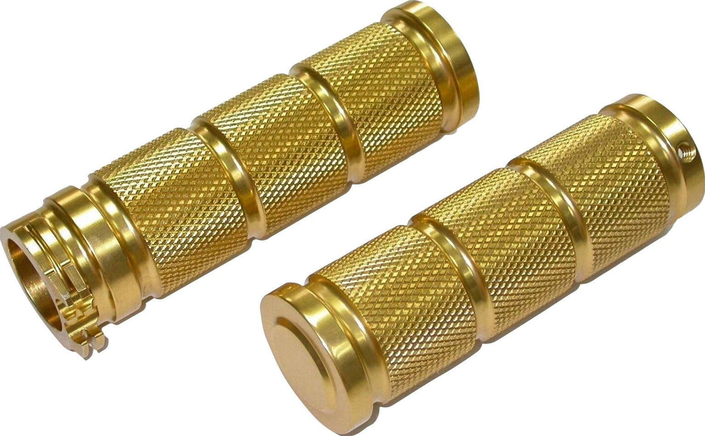 Five pairs of Moto Iron® Knurled Billet Grips for Harley-Davidson, in gold, silver, and black, are arranged on a white background.