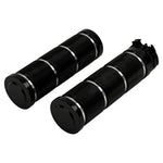Three sets of Moto Iron® Knurled Billet Grips for Harley-Davidson Cable Throttle, in silver, black, and gold, each arranged in a T-shape on a white background and reminiscent of cylindrical metal bike pegs.