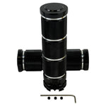 Three sets of Moto Iron® Knurled Billet Grips for Harley-Davidson Cable Throttle, in silver, black, and gold, each arranged in a T-shape on a white background and reminiscent of cylindrical metal bike pegs.