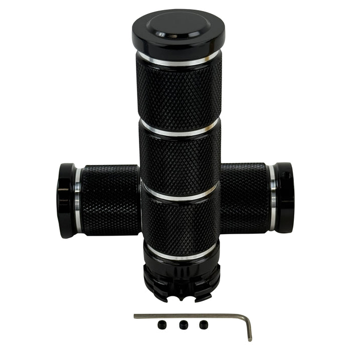 Three Moto Iron® Knurled Billet Grips for Harley-Davidson in silver, black, and gold are shown upright against a white background.