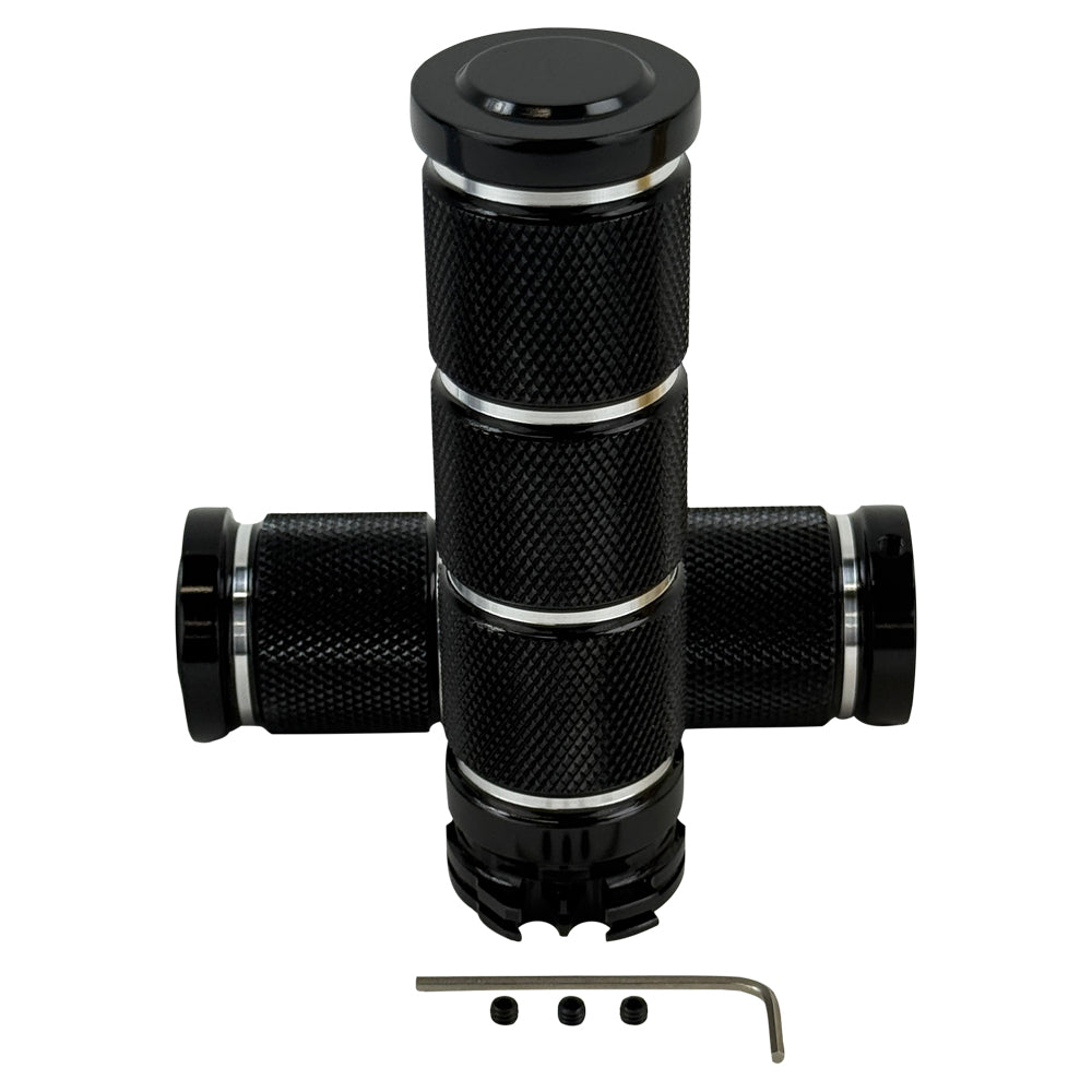 Three Moto Iron® Knurled Billet Grips for Harley-Davidson in silver, black, and gold are shown upright against a white background.