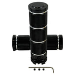 Three Moto Iron® Knurled Billet Grips for Harley-Davidson in silver, black, and gold are shown upright against a white background.