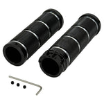 Three sets of Moto Iron® Knurled Billet Grips for Harley-Davidson Cable Throttle, in silver, black, and gold, each arranged in a T-shape on a white background and reminiscent of cylindrical metal bike pegs.