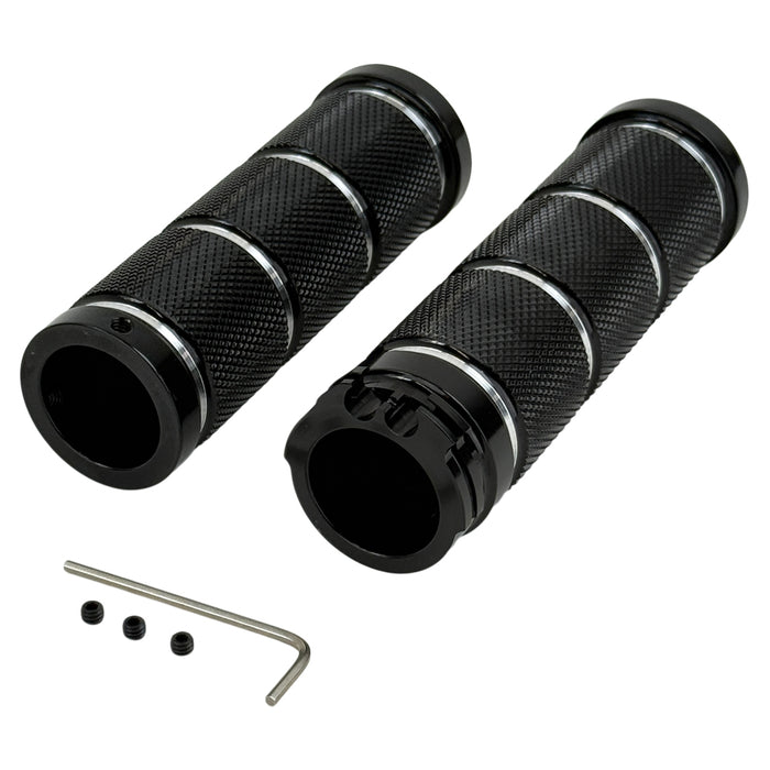 Three Moto Iron® Knurled Billet Grips for Harley-Davidson in silver, black, and gold are shown upright against a white background.