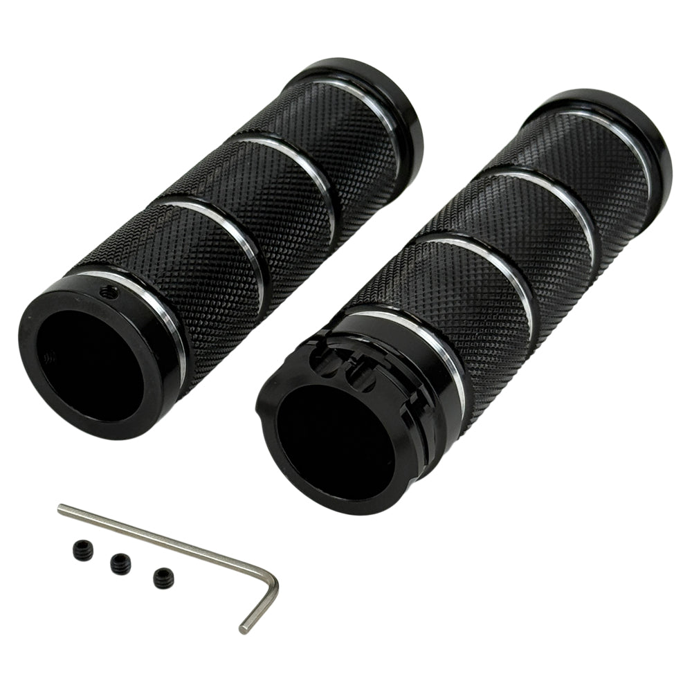 Three Moto Iron® Knurled Billet Grips for Harley-Davidson in silver, black, and gold are shown upright against a white background.