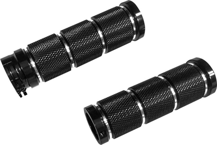 Five pairs of Moto Iron® Knurled Billet Grips for Harley-Davidson, in gold, silver, and black, are arranged on a white background.