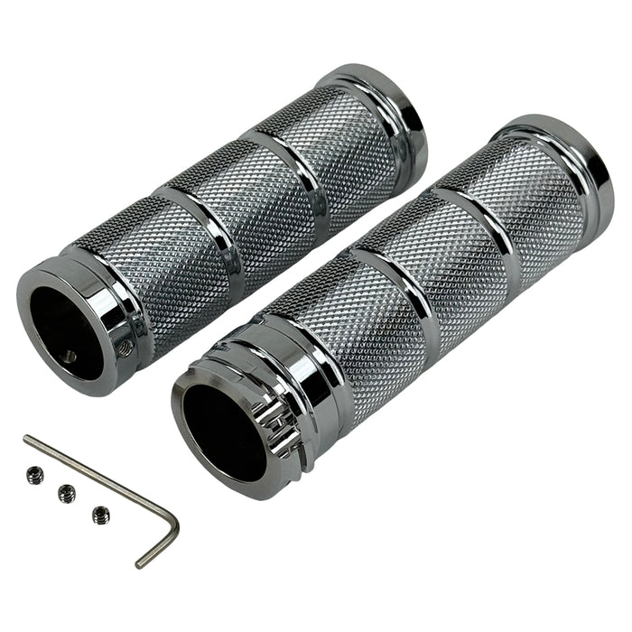 Three Moto Iron® Knurled Billet Grips for Harley-Davidson in silver, black, and gold are shown upright against a white background.