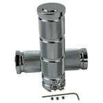 Three Moto Iron® Knurled Billet Grips for Harley-Davidson in silver, black, and gold are shown upright against a white background.