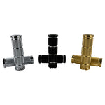 Three sets of Moto Iron® Knurled Billet Grips for Harley-Davidson Cable Throttle, in silver, black, and gold, each arranged in a T-shape on a white background and reminiscent of cylindrical metal bike pegs.