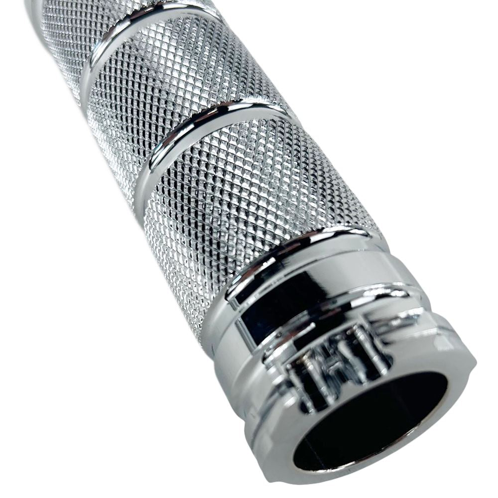 Close-up of a HardDrive Chrome Knurled Billet 1" Grip handle with a textured, knurled grip and multiple ridges for enhanced grip, designed for Harley 73-12 dual cable applications.