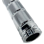 Five pairs of Moto Iron® Knurled Billet Grips for Harley-Davidson, in gold, silver, and black, are arranged on a white background.