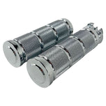 Five pairs of Moto Iron® Knurled Billet Grips for Harley-Davidson, in gold, silver, and black, are arranged on a white background.