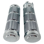 Five pairs of Moto Iron® Knurled Billet Grips for Harley-Davidson, in gold, silver, and black, are arranged on a white background.