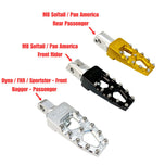 Three TC Bros. Pro Series MX Lite Foot Pegs for Harley Davidson models, featuring metallic spiked surfaces, are arranged side by side in silver, black, and gold.