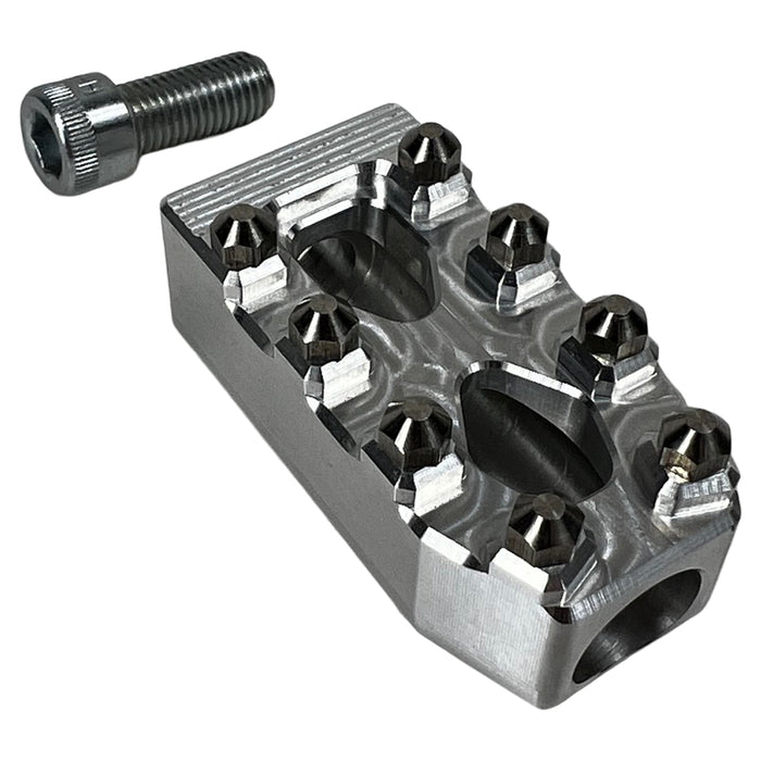 Three TC Bros. Pro Series MX Shifter/Brake Pegs for Harley Davidson, available in silver, black, and gold with multiple spikes, are shown with a metal bolt.