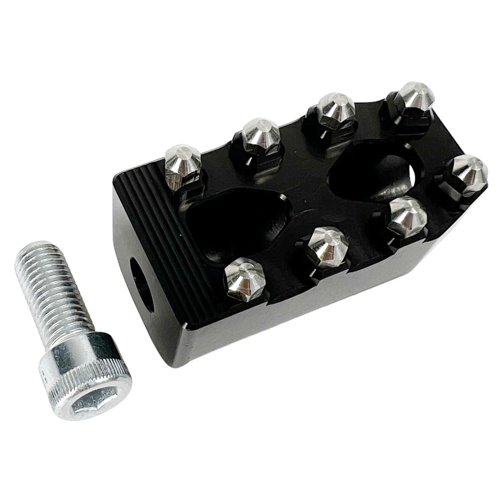 Three TC Bros. Pro Series MX Shifter/Brake Pegs for Harley Davidson, available in silver, black, and gold with multiple spikes, are shown with a metal bolt.