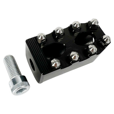 Three TC Bros. Pro Series MX Shifter/Brake Pegs for Harley Davidson, available in silver, black, and gold with multiple spikes, are shown with a metal bolt.