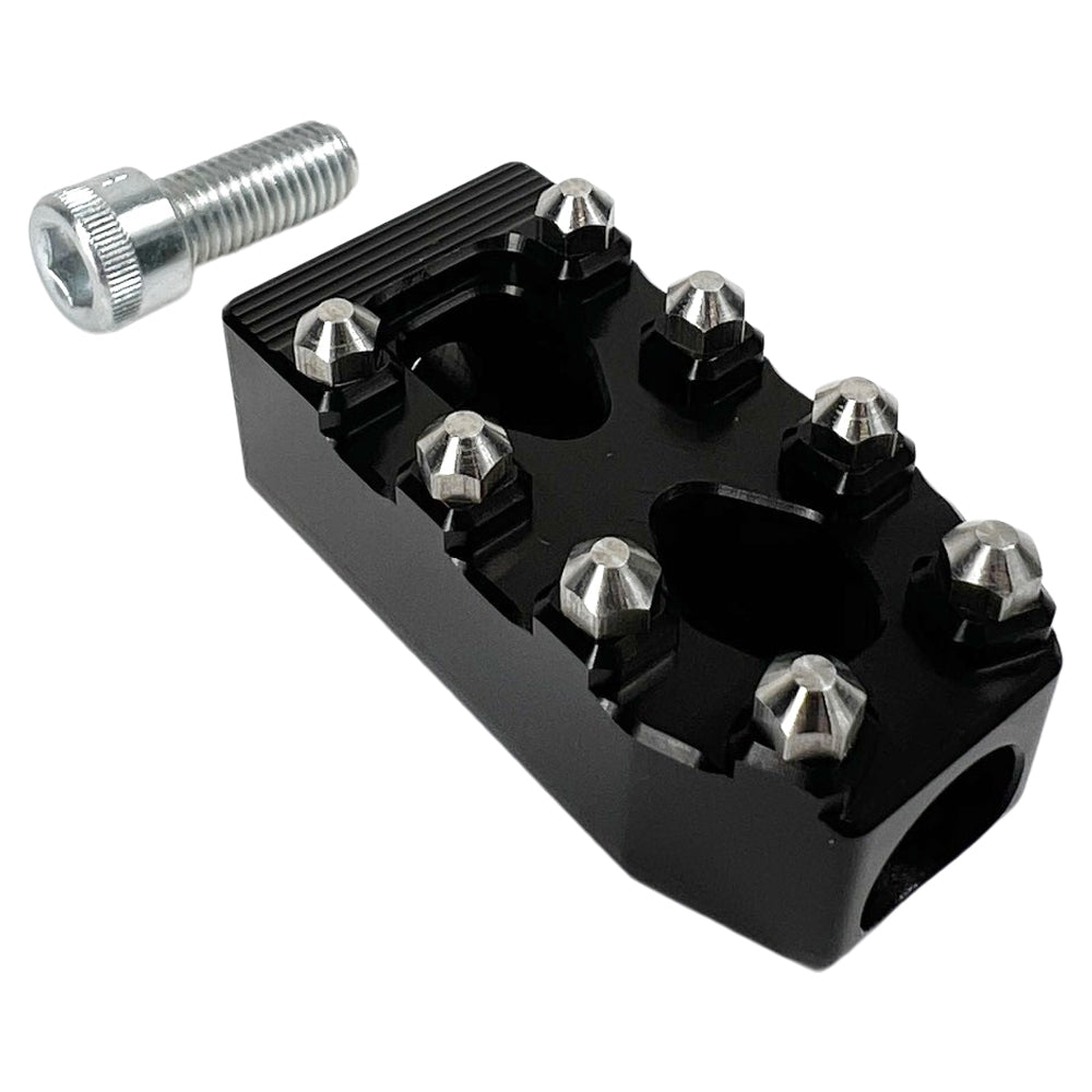 Three TC Bros. Pro Series MX Shifter/Brake Pegs for Harley Davidson, available in silver, black, and gold with multiple spikes, are shown with a metal bolt.