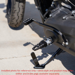 Four TC Bros. Pro Series MX Lite Footpegs for 1977-2022 Harley-Davidson in silver, black, and gold are arranged vertically on a white background.