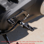 Four TC Bros. Pro Series MX Lite Footpegs for 1977-2022 Harley-Davidson in silver, black, and gold are arranged vertically on a white background.